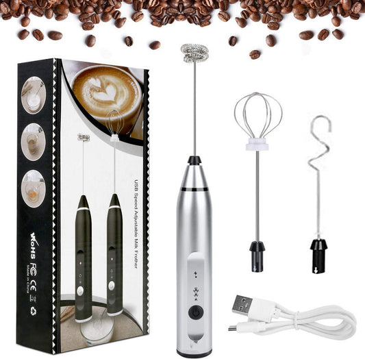 USB Rechargeable Electric Milk Frother With 3 Heads